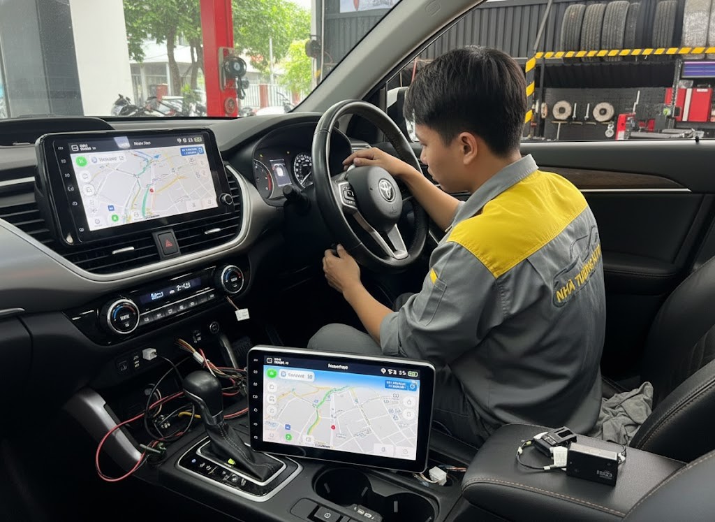 Kỹ thuật viên Nhã Tường Auto thi công lắp đặt màn hình Android chuyên nghiệp